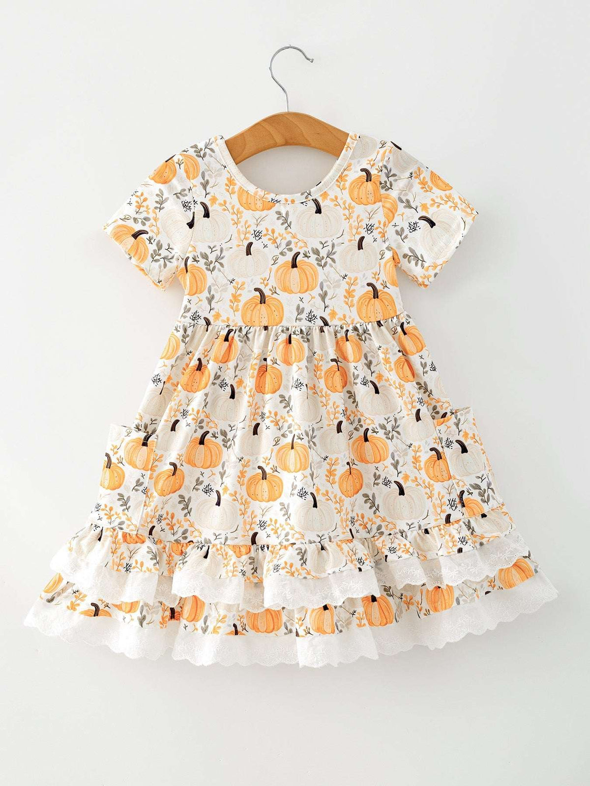 Fall Orange Girls Pumpkin Patch Pockets Dress Lace Trim
