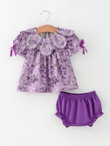 Floral Girls Outfit Set Purple Puff Sleeve Top Bloomers Set - Rylee Faith Designs - Flyclothing LLC
