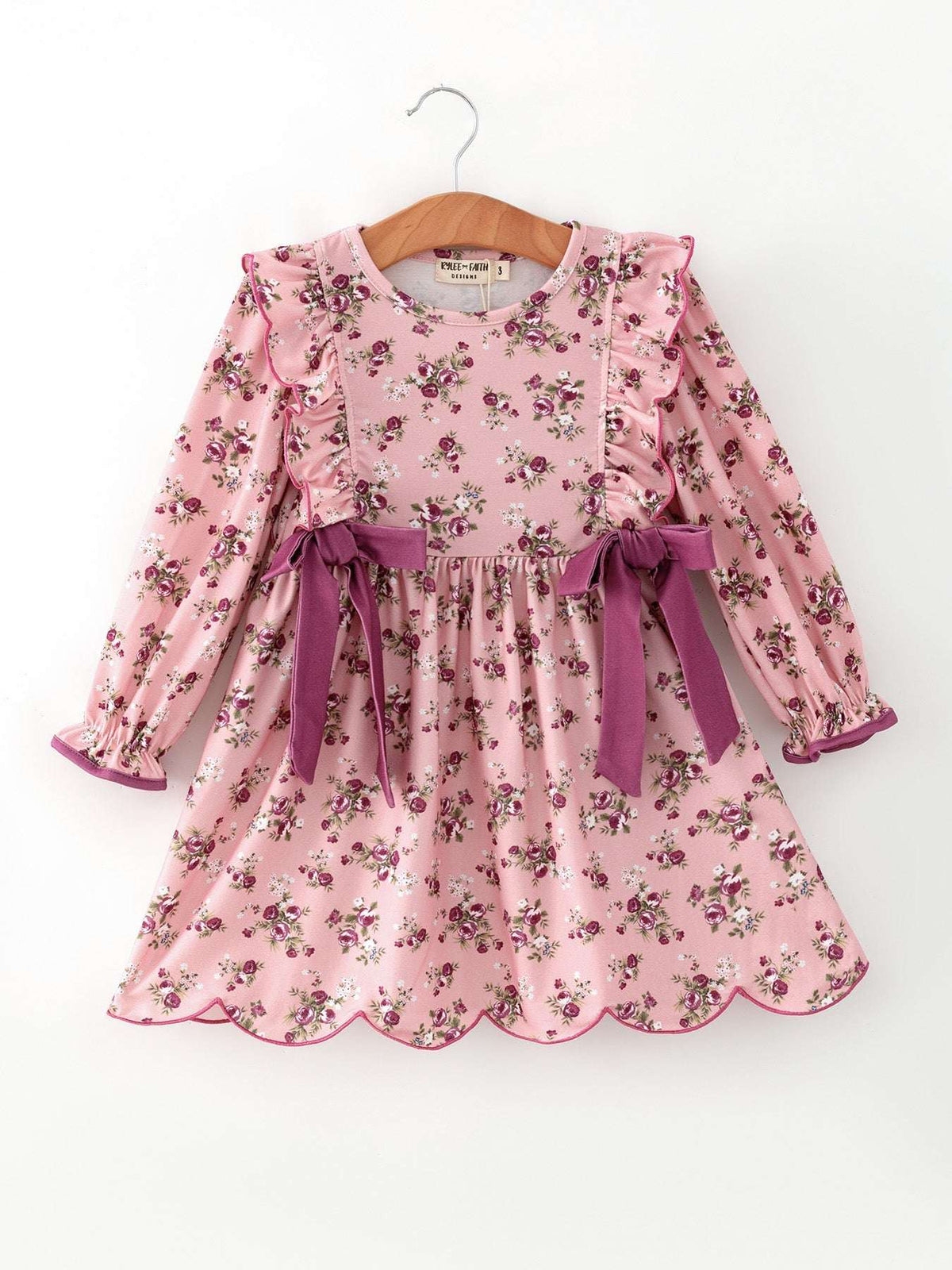 Fall Purple Rose Floral Girl Dress Bow Ruffle Long Sleeve Scalloped Hem - Rylee Faith Designs - Flyclothing LLC