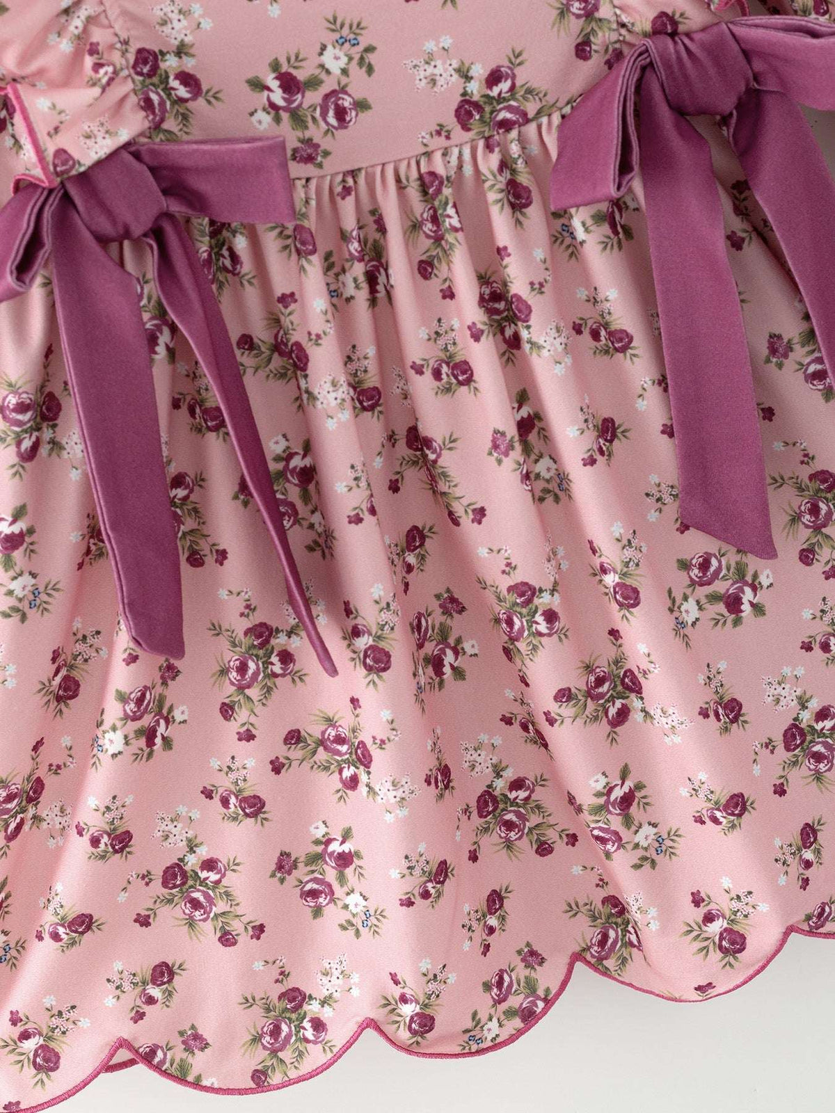 Fall Purple Rose Floral Girl Dress Bow Ruffle Long Sleeve Scalloped Hem - Rylee Faith Designs - Flyclothing LLC