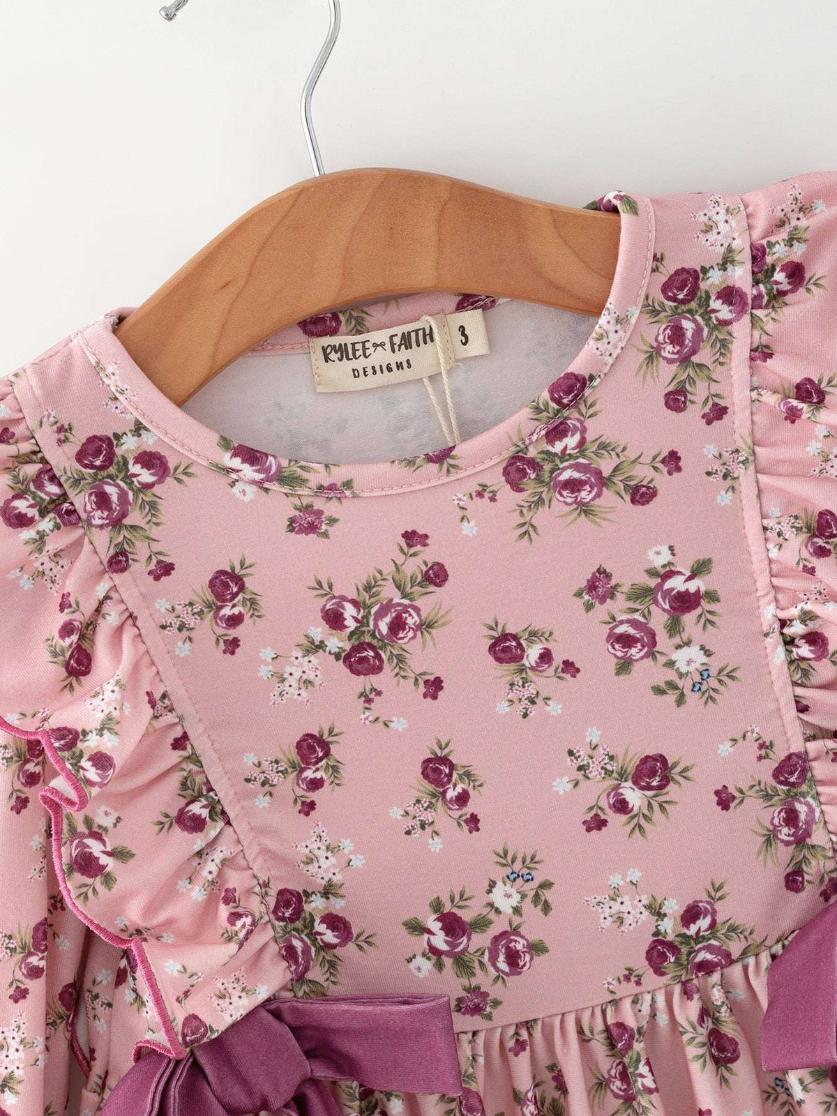 Fall Purple Rose Floral Girl Dress Bow Ruffle Long Sleeve Scalloped Hem - Rylee Faith Designs - Flyclothing LLC