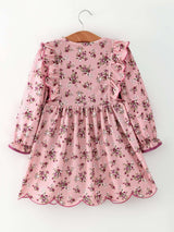 Fall Purple Rose Floral Girl Dress Bow Ruffle Long Sleeve Scalloped Hem - Rylee Faith Designs - Flyclothing LLC