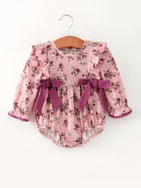 Fall Purple Floral Baby Girl Romper Bow Ruffle Long Sleeve