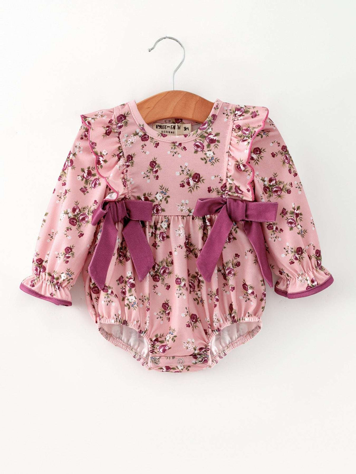 Fall Purple Floral Baby Girl Romper Bow Ruffle Long Sleeve