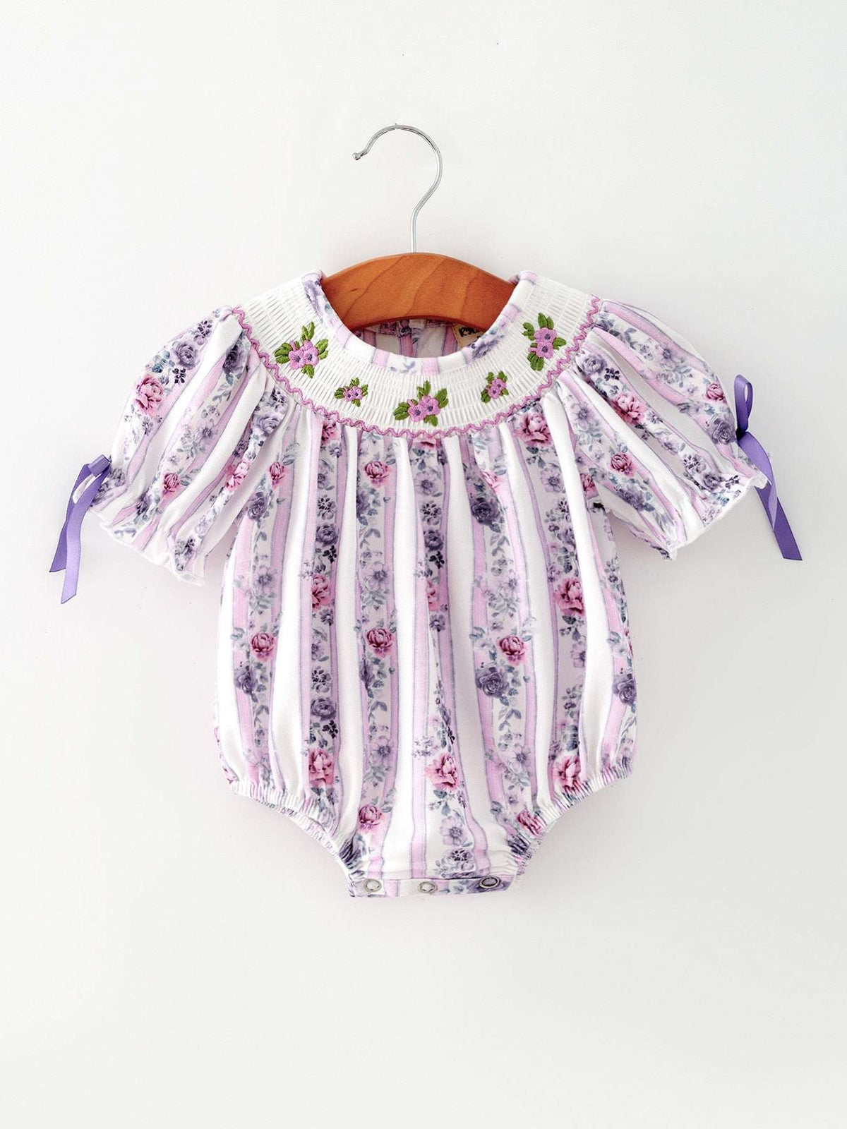 Fall Purple Floral Smocked Embroidered Baby Girl Romper - Rylee Faith Designs - Flyclothing LLC