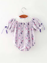 Fall Purple Floral Smocked Embroidered Baby Girl Romper - Rylee Faith Designs - Flyclothing LLC
