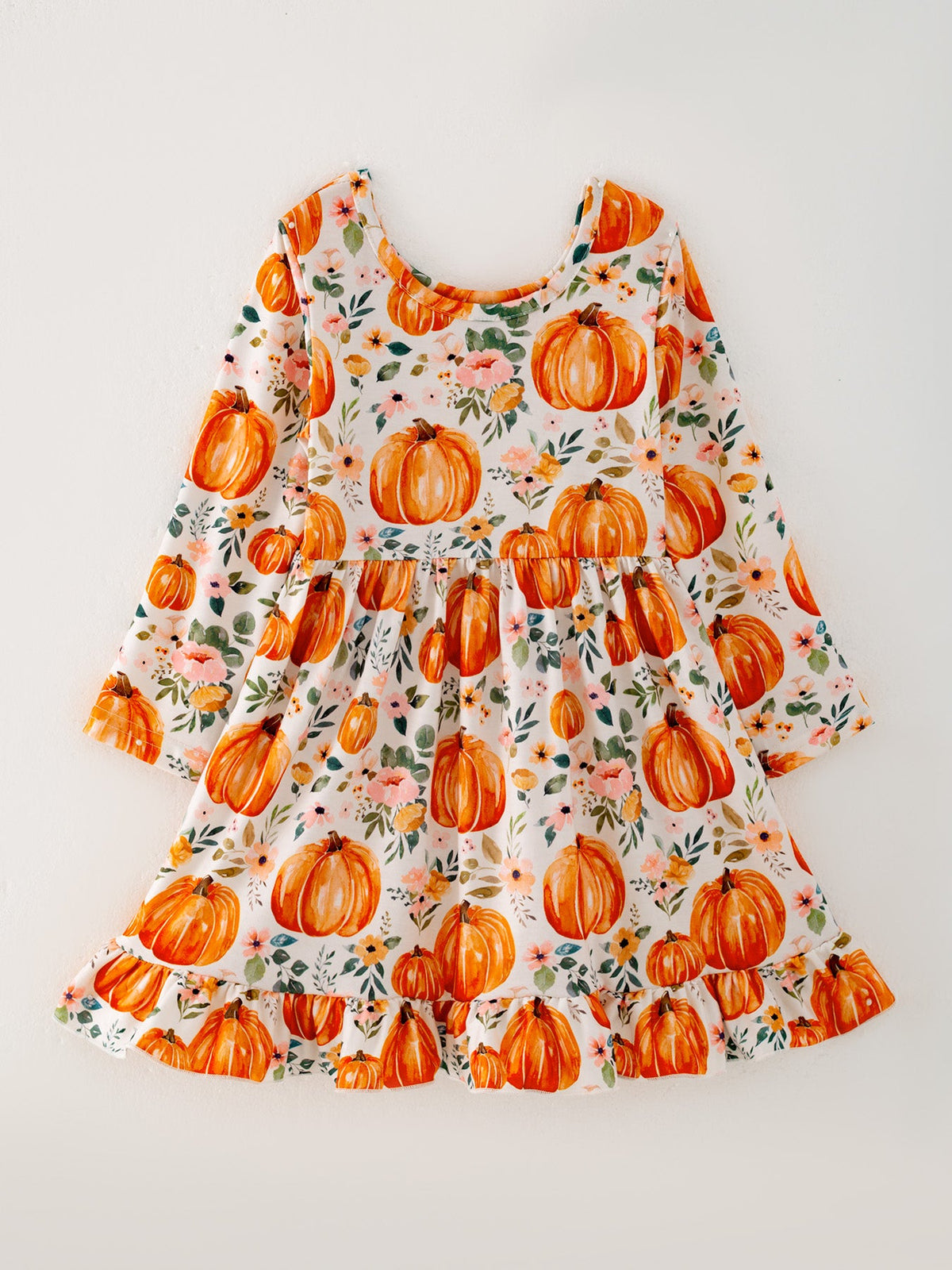 Girls FALL Pumpkin Print Long Sleeve Dress - Rylee Faith Designs - Flyclothing LLC