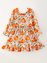 Girls FALL Pumpkin Print Long Sleeve Dress - Rylee Faith Designs - Flyclothing LLC