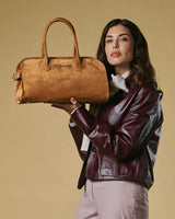 Chiara (cognac) - Italian calf suede women's handbag (with shoulder strap)