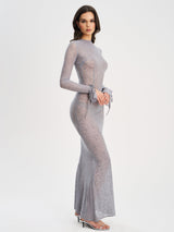 Waylynn Gray Animal Print Burnout Velvet Detail Mesh Backless Maxi Dress