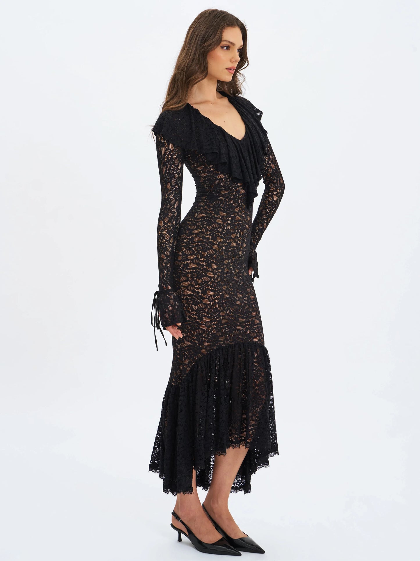 Parisa Black Lace Ruffled Mermaid Maxi Dress - Miss Circle - Flyclothing LLC