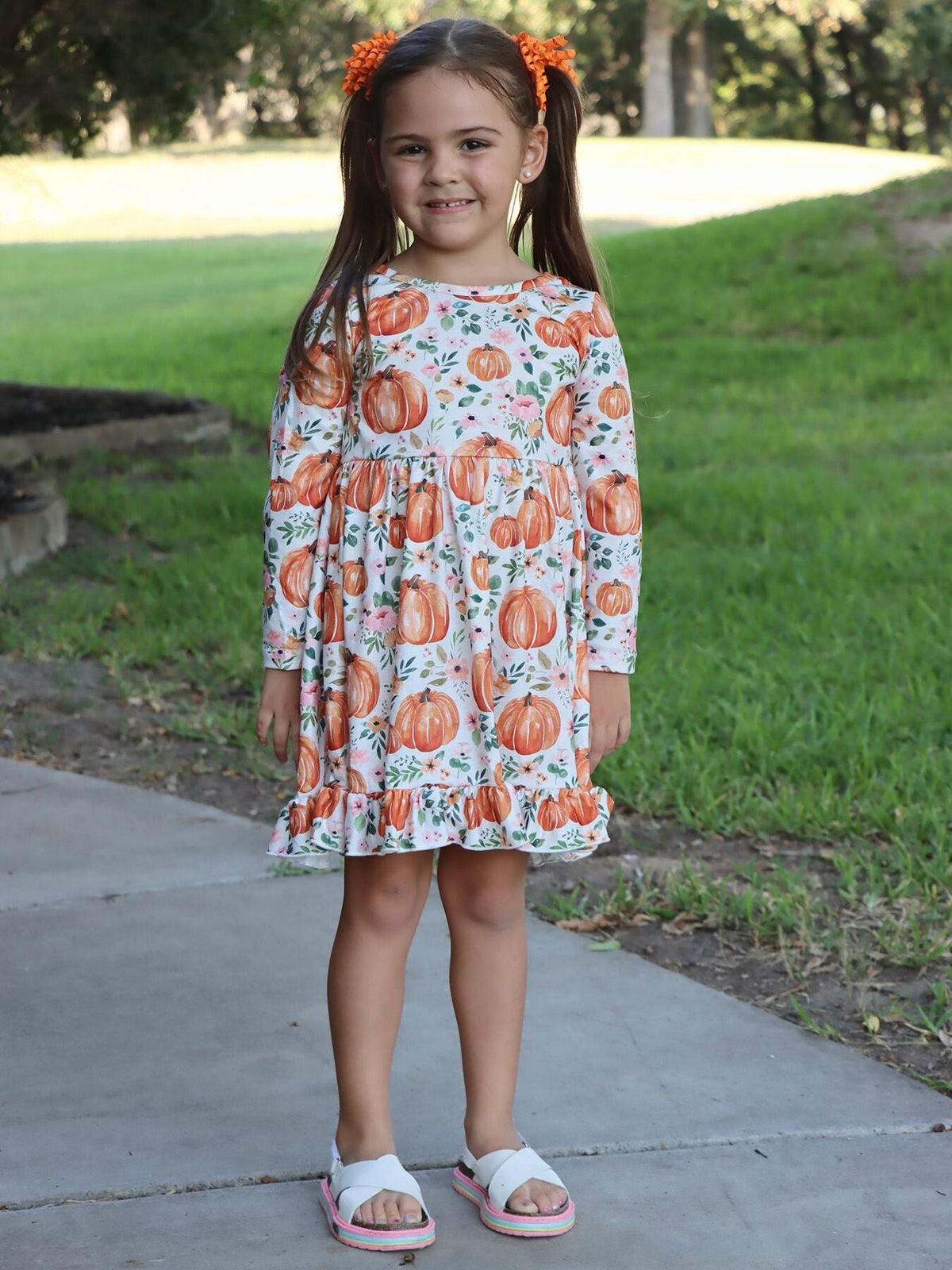 Girls FALL Pumpkin Print Long Sleeve Dress - Rylee Faith Designs - Flyclothing LLC