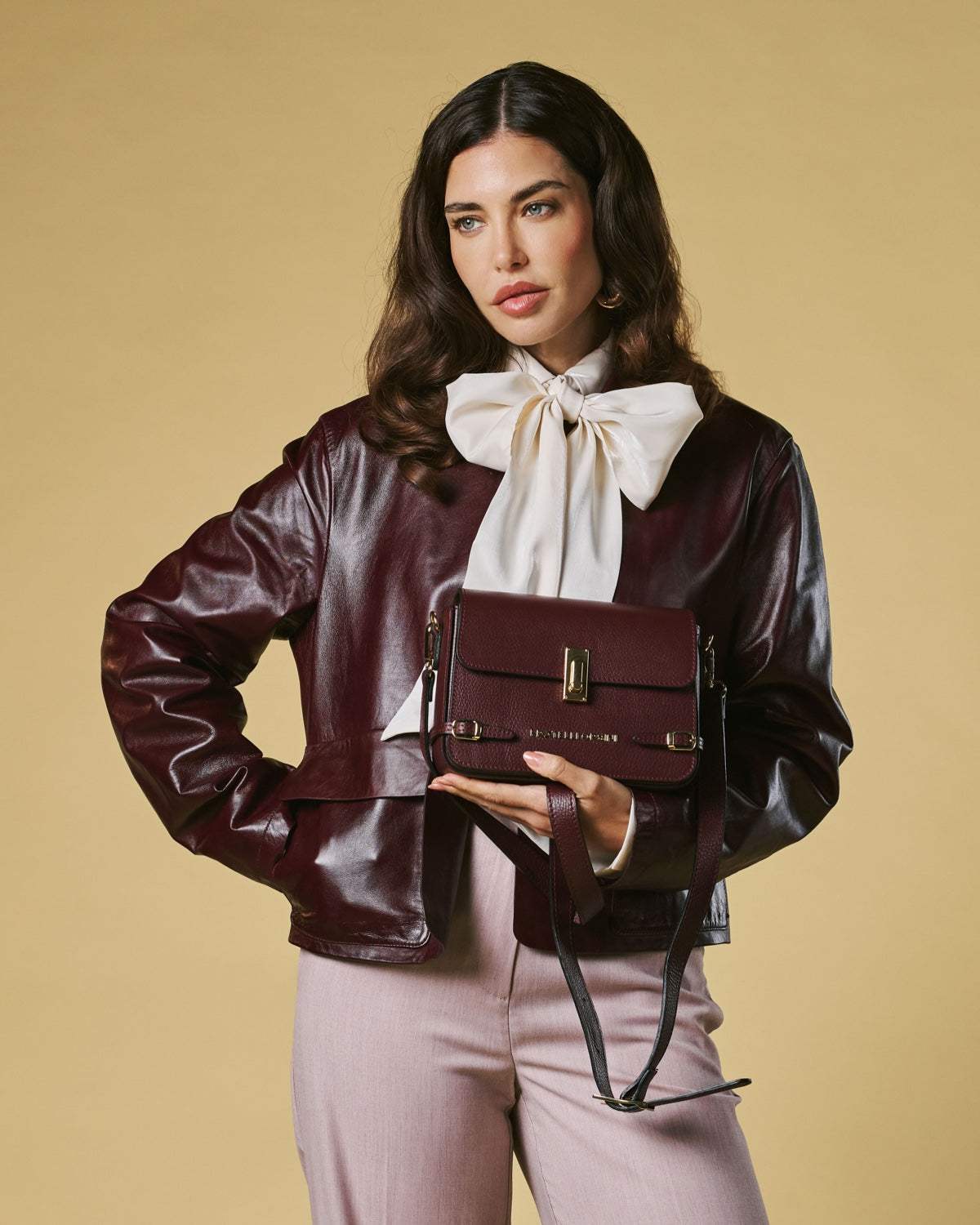 Mirella (eggplant) - Italian calf leather women's crossbody bag (with shoulder strap)