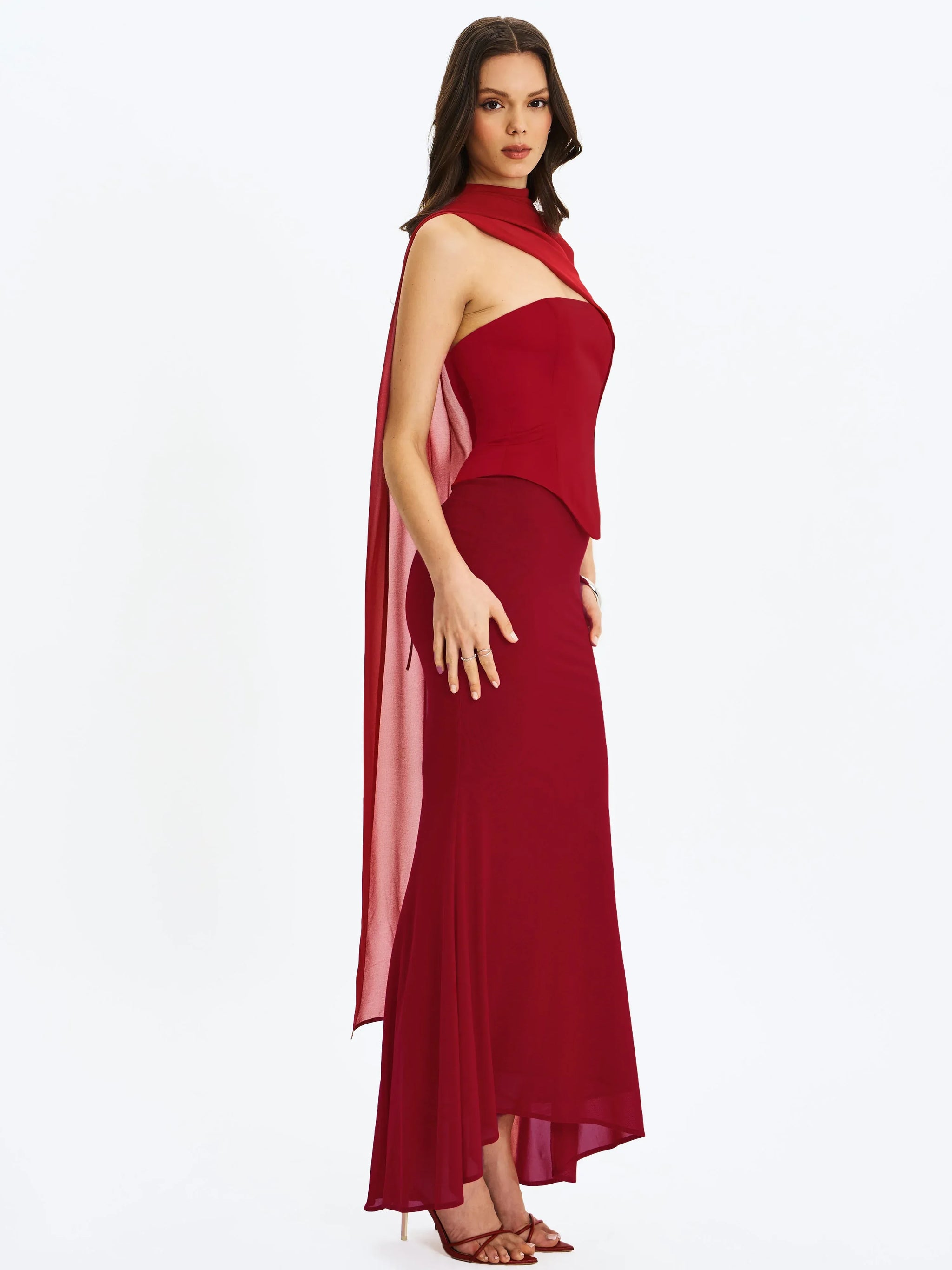 Giselle Crimson Peplum Mermaid Gown with Chiffon Scarf - Miss Circle - Flyclothing LLC