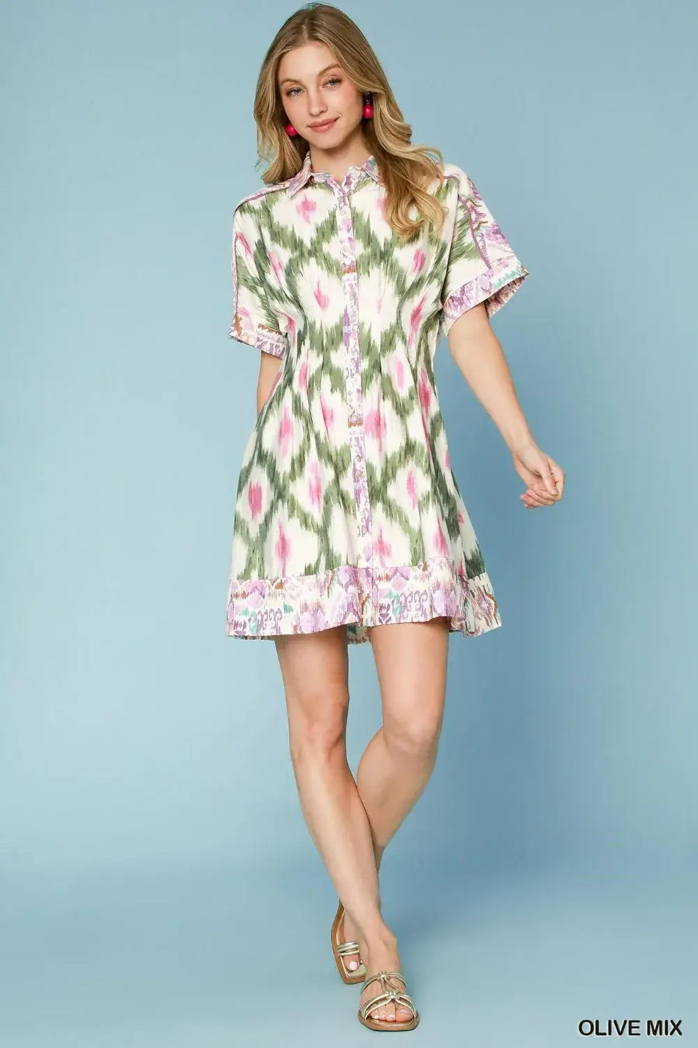 Umgee Ethnic Print Short Sleeve Mini Shirt Dress - Trendsi - Flyclothing LLC