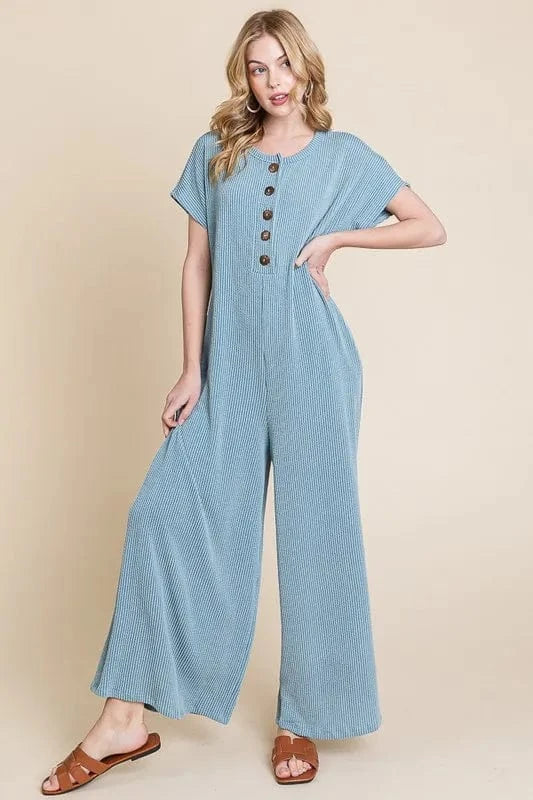 BOMBOM Rib Knit Jumpsuit with Button Detail - Trendsi