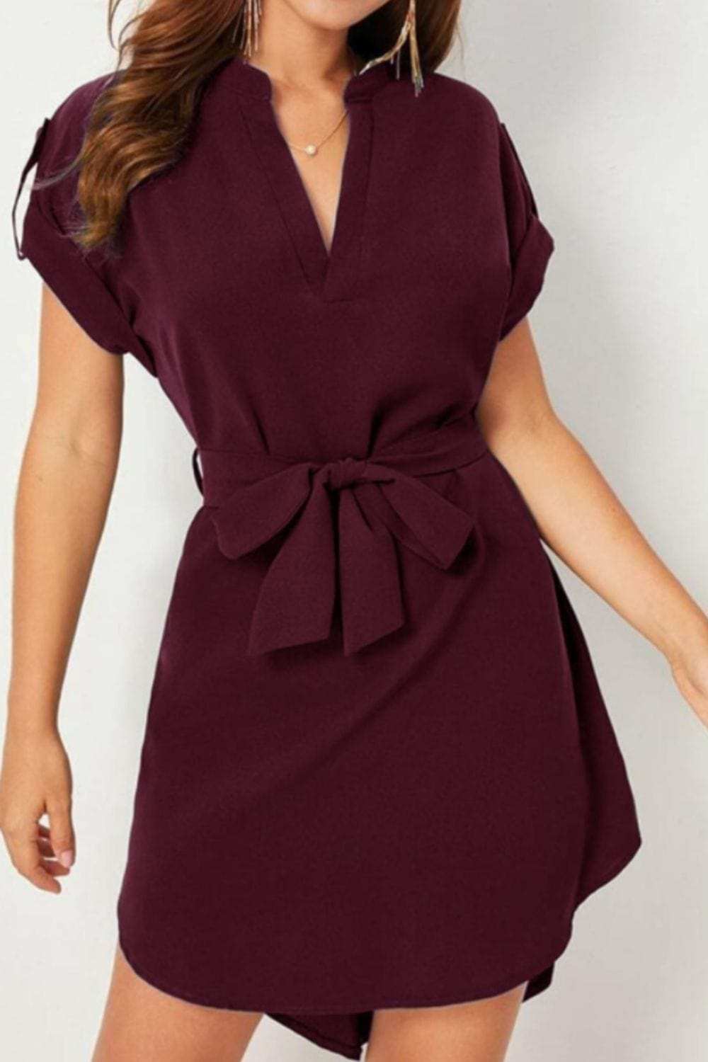 Tied Notched Short Sleeve Dress - Trendsi - Flyclothing LLC