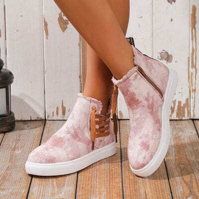 Lace-Up Round Toe Canvas Boots with Side Zip - Trendsi - Flyclothing LLC