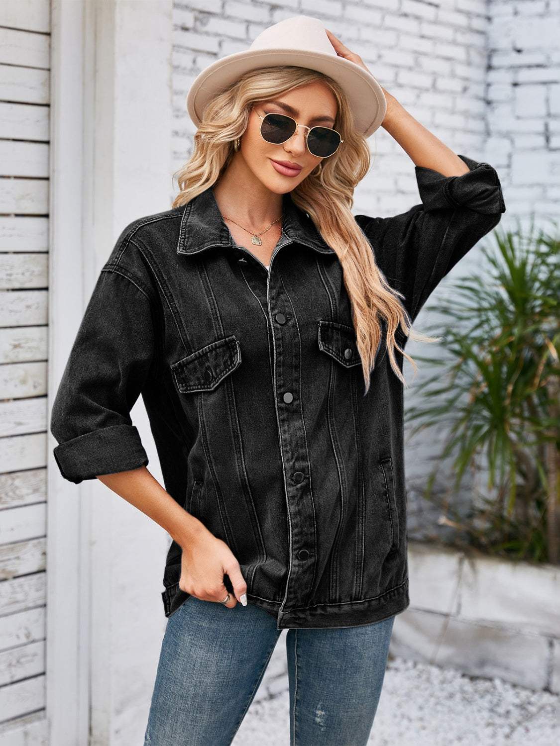 Button Up Long Sleeve Denim Jacket - Trendsi - Flyclothing LLC