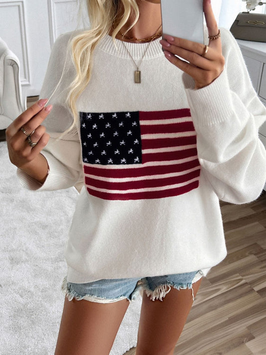 Devine US Flag Round Neck Long Sleeve Knit Top - Trendsi