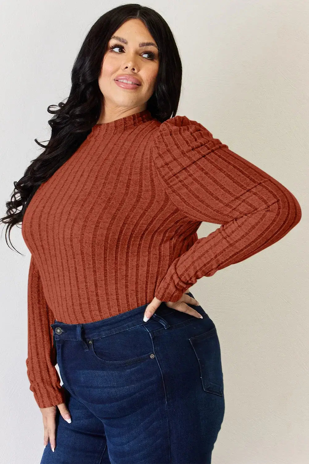 Basic Bae Full Size Ribbed Mock Neck Puff Sleeve T-Shirt - ShopBasicbae - Flyclothing LLC