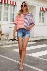 Striped Round Neck Half Sleeve T-Shirt - Trendsi - Flyclothing LLC