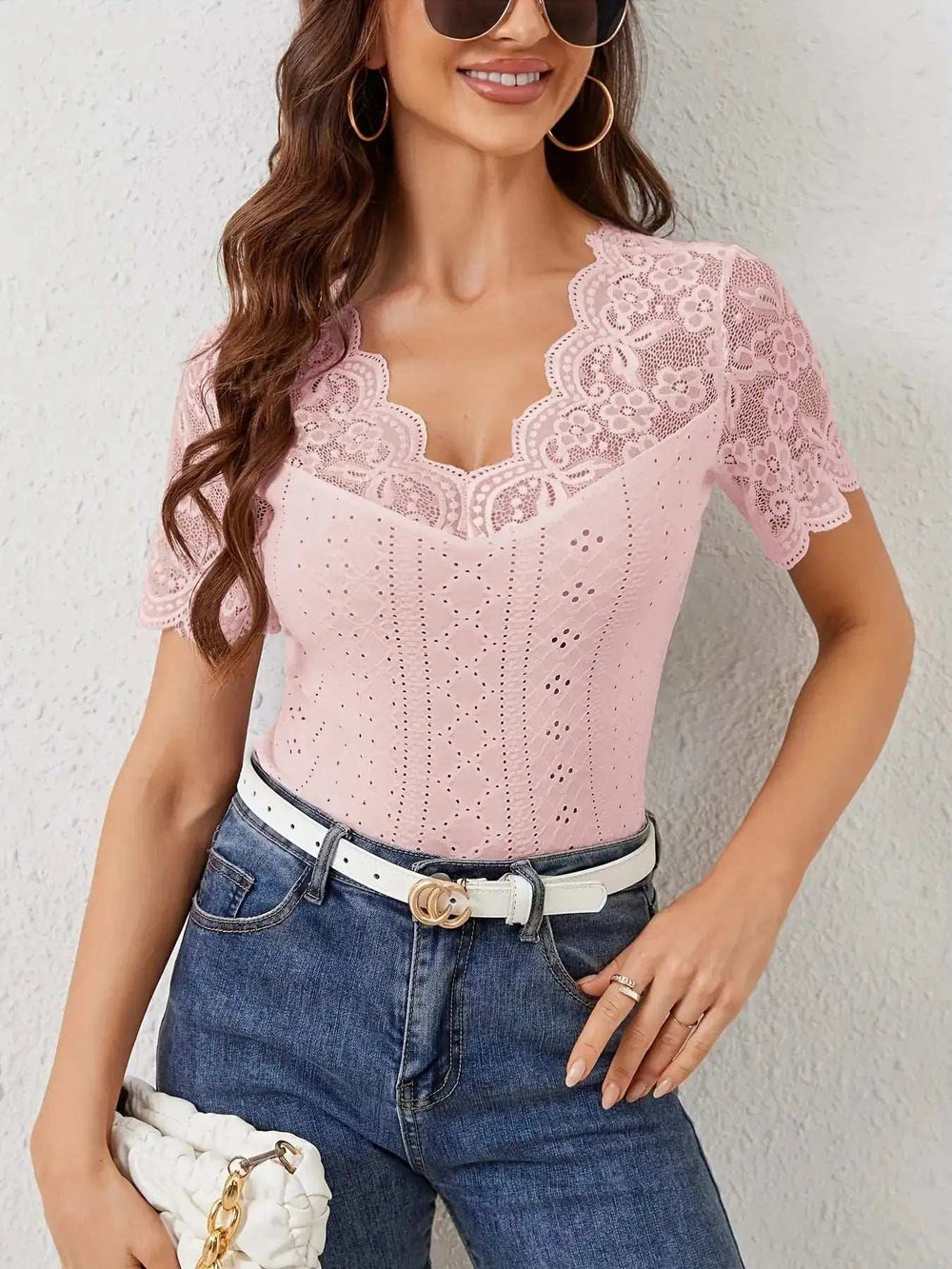 Lace Trim Eyelet Embroidered Summer T-Shirt - Trendsi - Flyclothing LLC