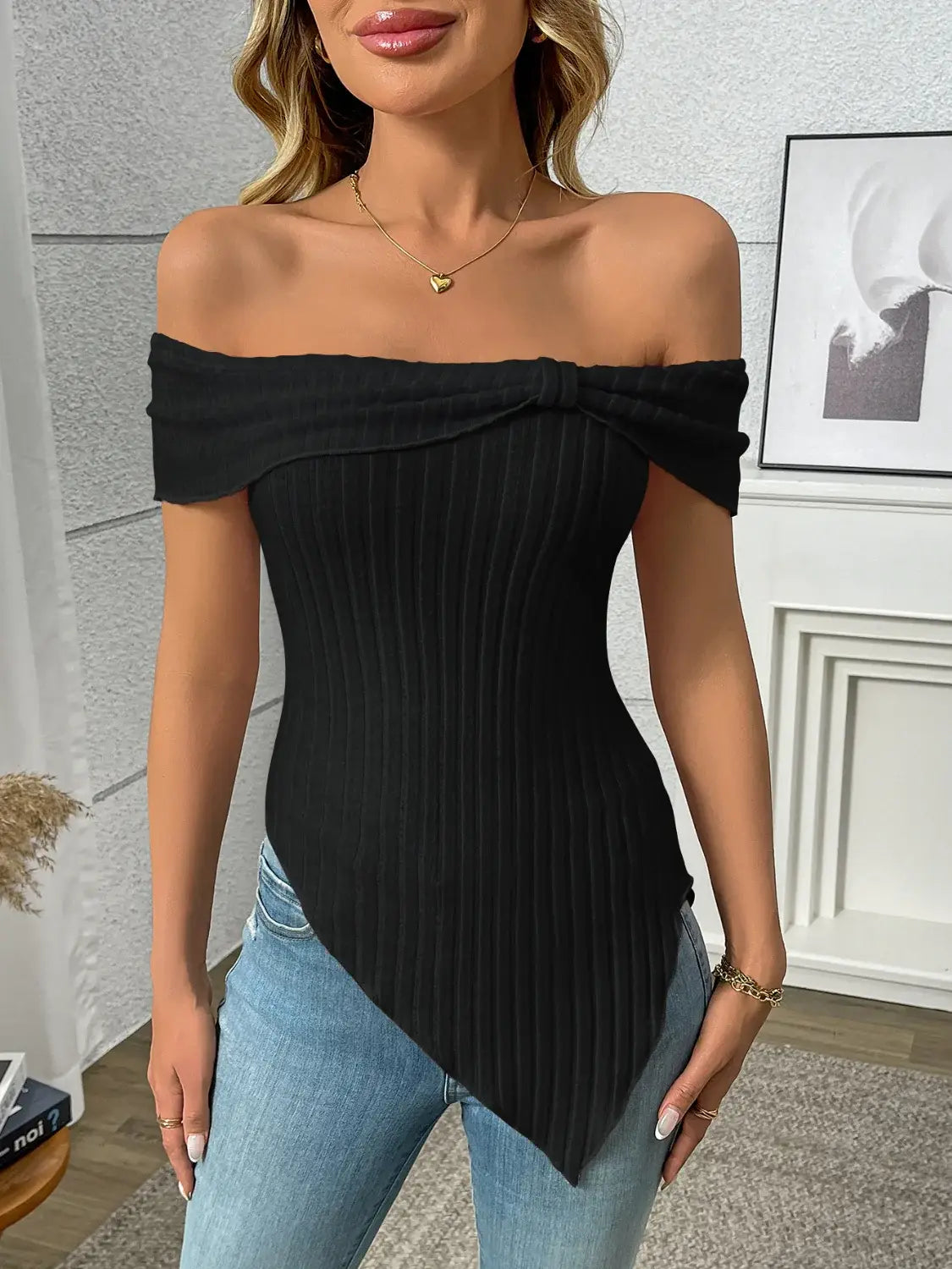 Ribbed Off-Shoulder Asymmetrical Hem T-Shirt - Trendsi - Flyclothing LLC