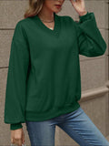 V-Neck Long Sleeve Dropped Shoulder Sweatshirt - Trendsi - Flyclothing LLC
