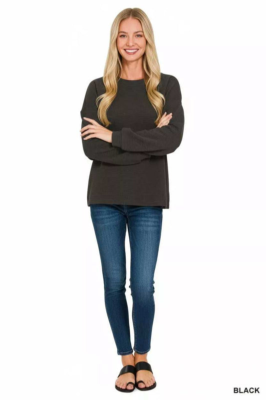Zenana Double Knit Round Neck Long Sleeve Top - Trendsi - Flyclothing LLC