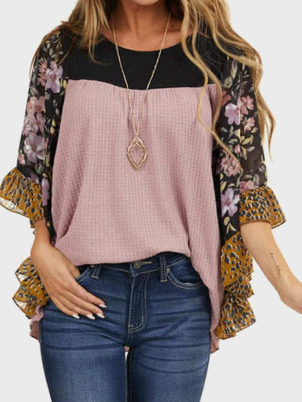 Full Size Printed Round Neck Three-Quarter Sleeve Blouse - Trendsi - Flyclothing LLC