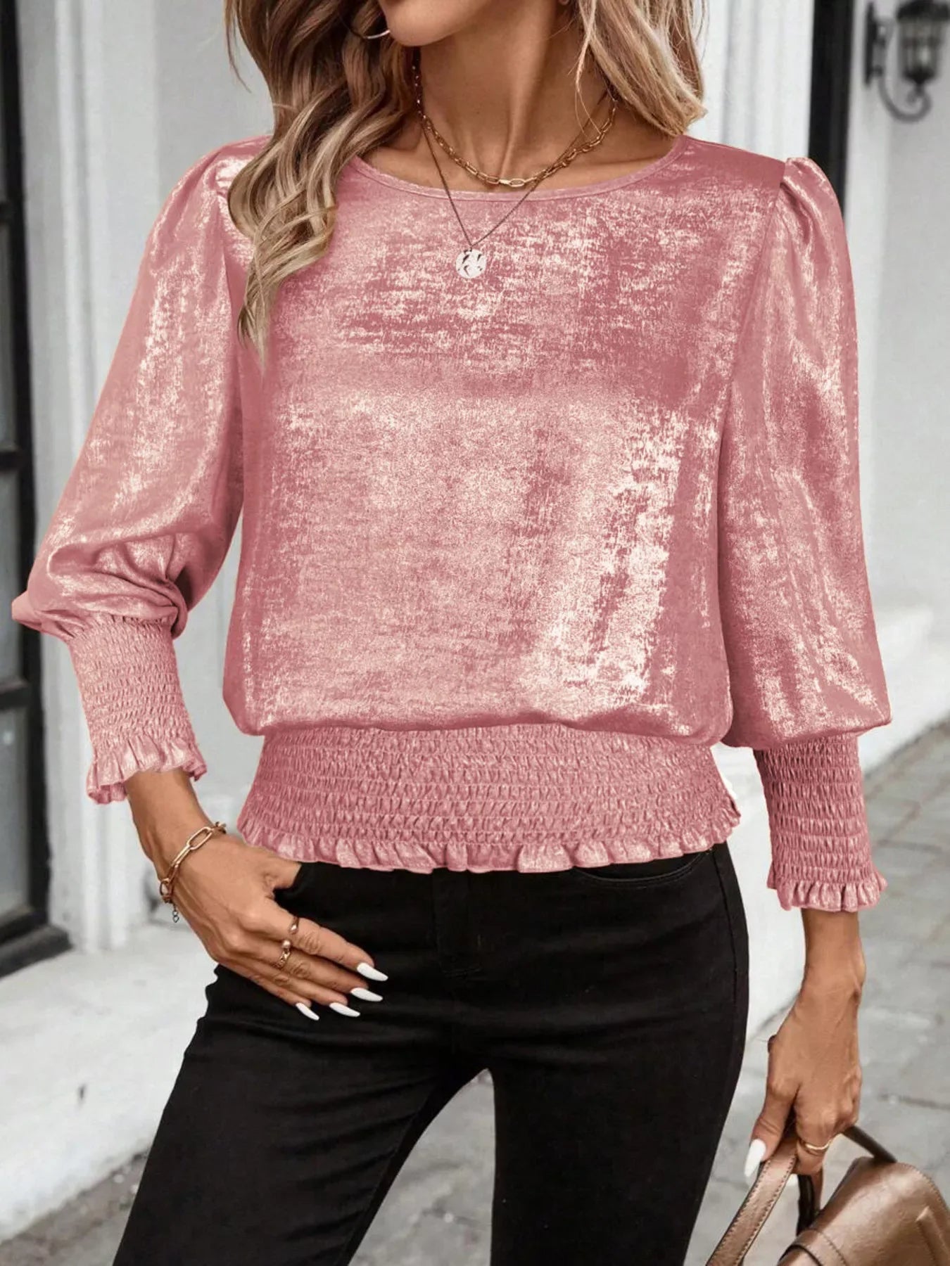 Smocked Round Neck Blouse - Trendsi - Flyclothing LLC