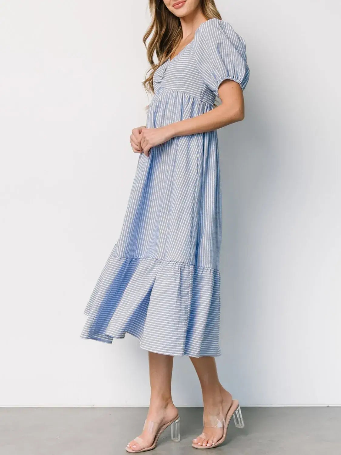 Striped Sweetheart Neck Puff Sleeve Midi Dress - Trendsi - Flyclothing LLC