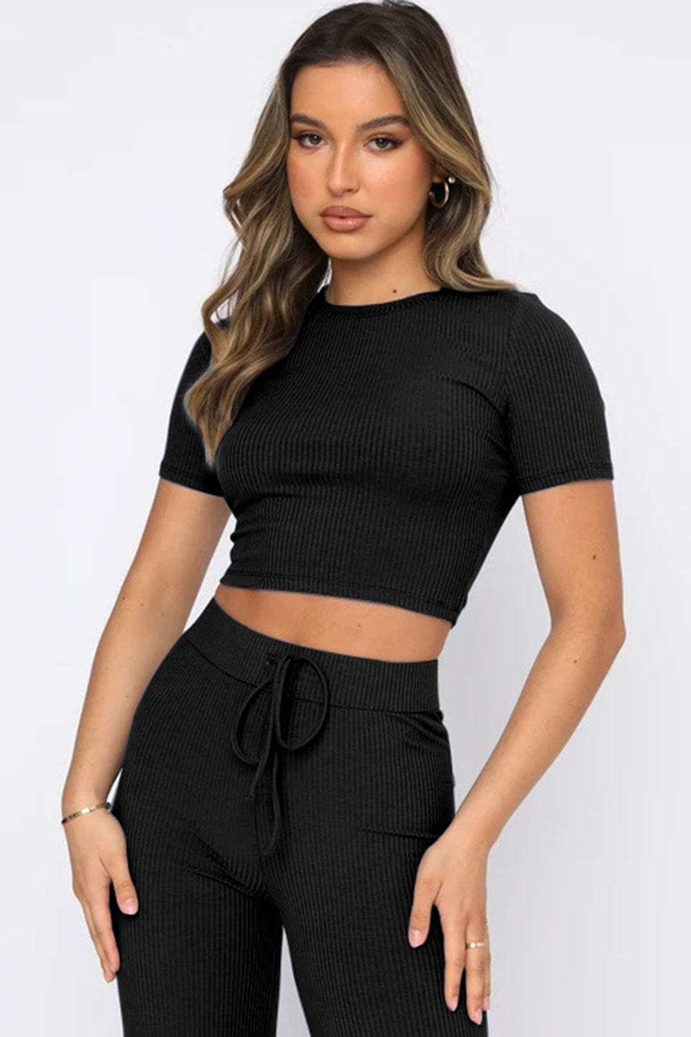 Round Neck Short Sleeve Top and Pants Set - Trendsi - Flyclothing LLC