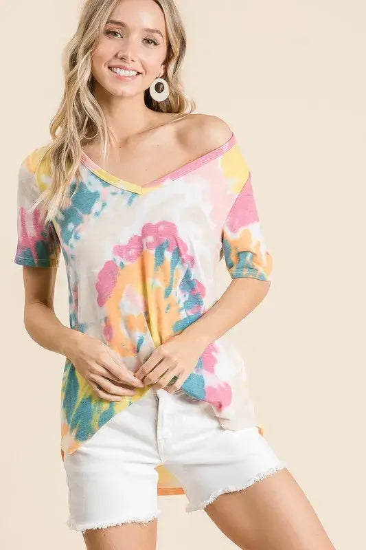 BiBi Circular Tie Dye Print V Neck Top - Trendsi - Flyclothing LLC