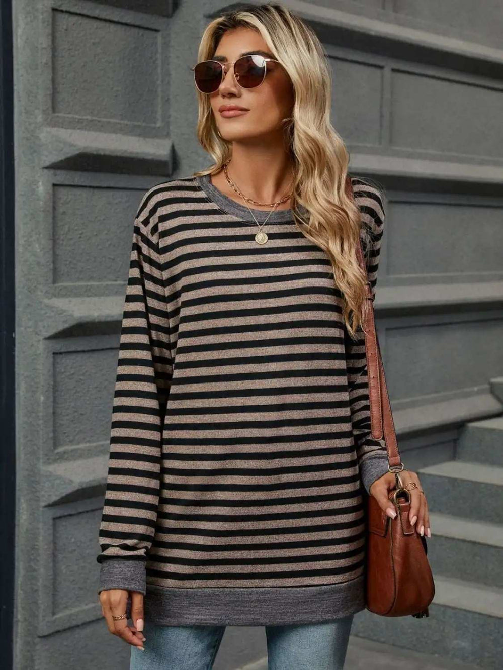 Striped Round Neck Long Sleeve T-Shirt - Trendsi - Flyclothing LLC