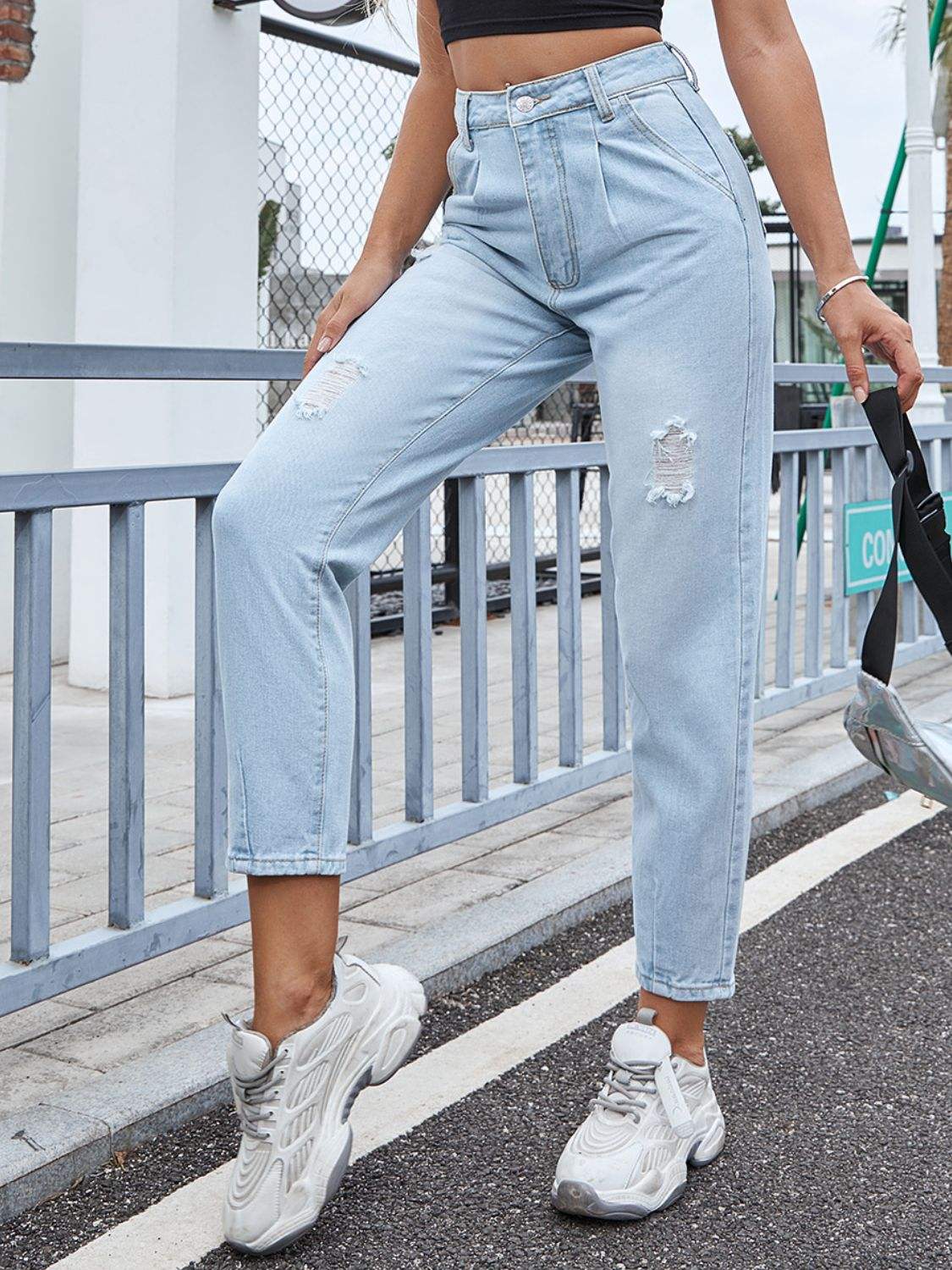 Distressed Straight Jeans with Pockets - Trendsi - Flyclothing LLC
