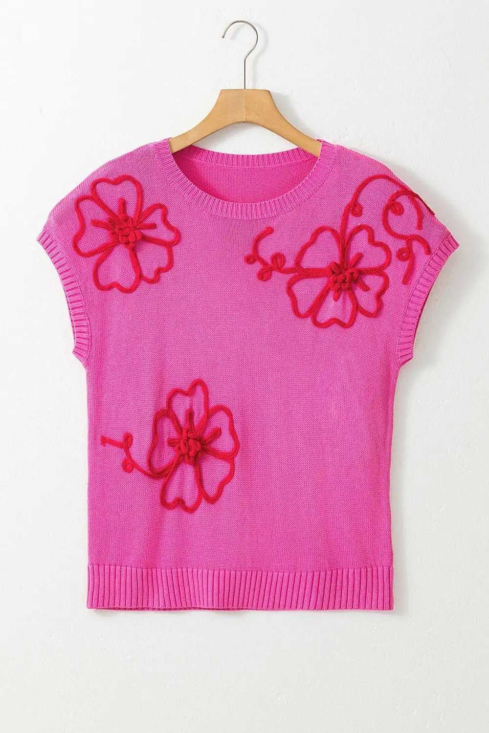Crochet Flower Round Neck Cap Sleeve Sweater - Trendsi - Flyclothing LLC