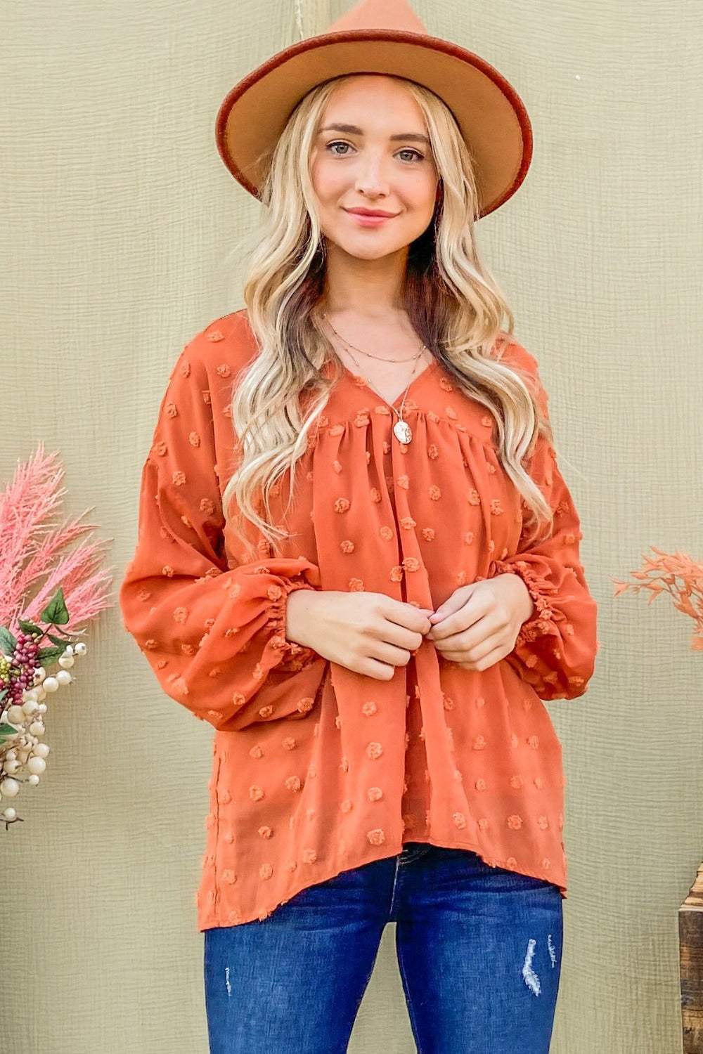 And The Why Swiss Dot V Neck Balloon Sleeve Woven Blouse - Trendsi - Flyclothing LLC