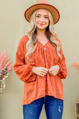 And The Why Swiss Dot V Neck Balloon Sleeve Woven Blouse - Trendsi - Flyclothing LLC