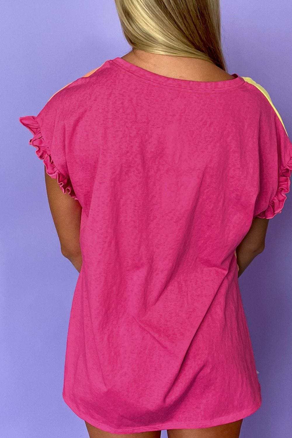 Frill Color Block Crew Neck Loose Fit T Shirt - Trendsi - Flyclothing LLC