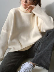 Ribbed Detail Turtleneck Dropped Shoulder Sweater - Trendsi