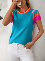 Mandy Contrast Round Neck Short Sleeve Knit Top - Trendsi - Flyclothing LLC