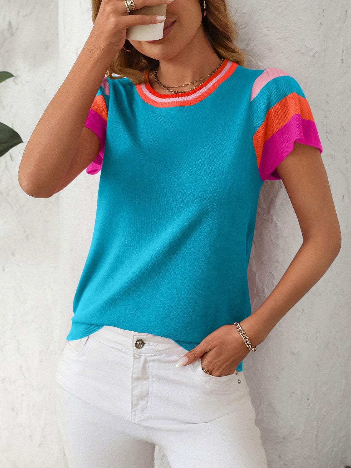 Mandy Contrast Round Neck Short Sleeve Knit Top - Trendsi - Flyclothing LLC