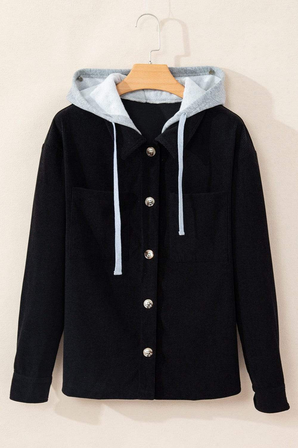 Drawstring Button Up Long Sleeve Hooded Jacket - Trendsi - Flyclothing LLC