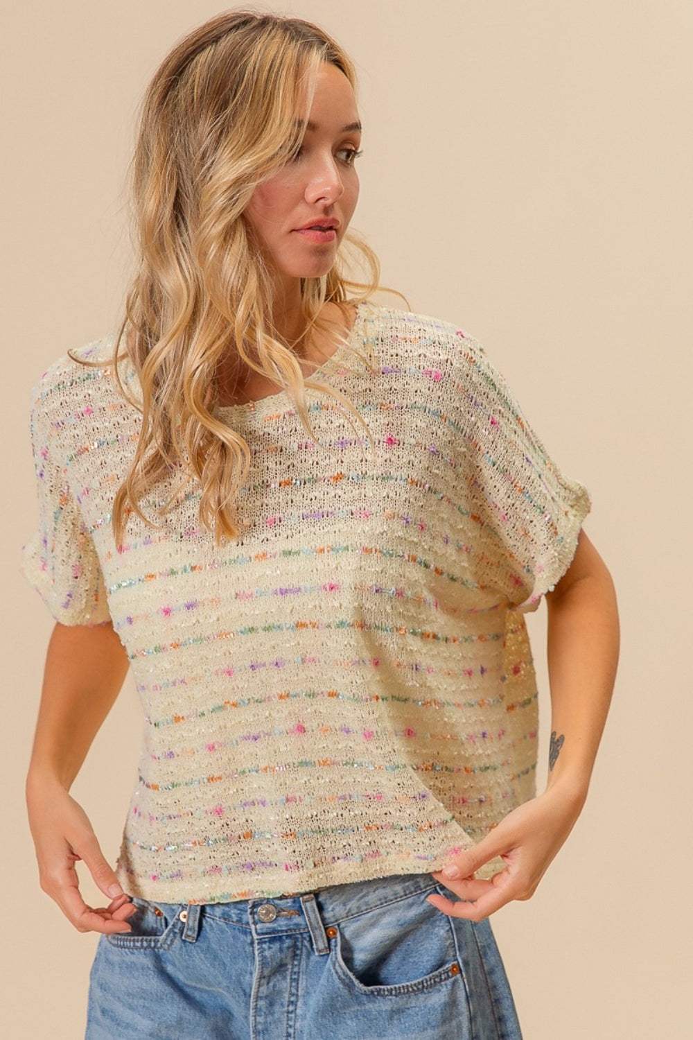 BiBi Striped Popcorn Knit Top - Trendsi - Flyclothing LLC