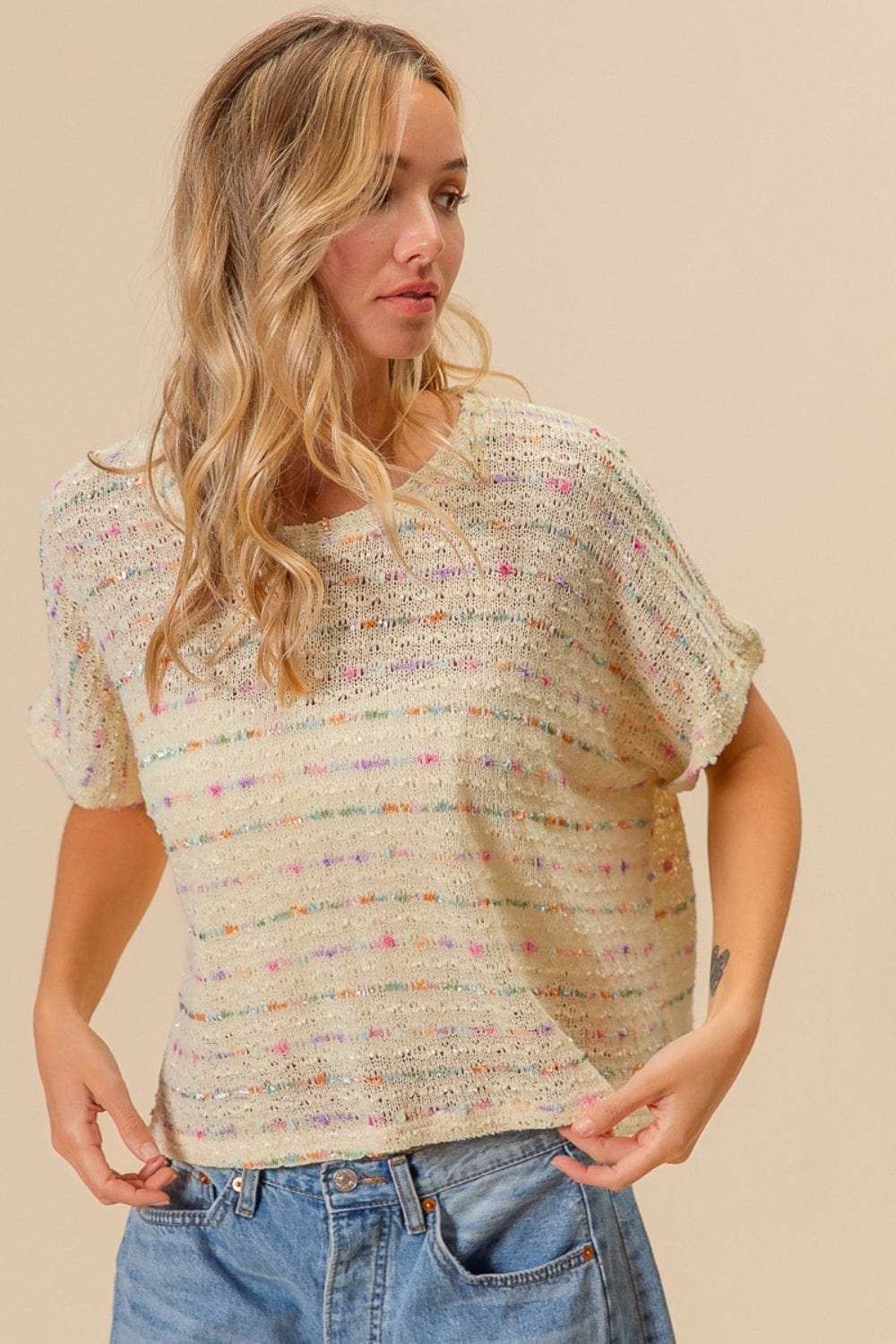 BiBi Striped Popcorn Knit Top - Trendsi - Flyclothing LLC