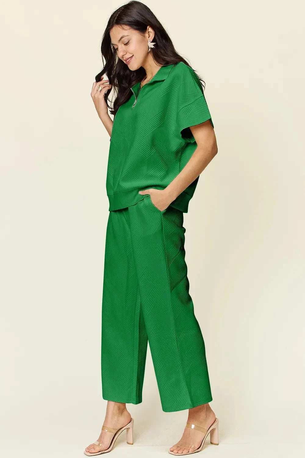 Double Take Full Size Texture Half Zip Short Sleeve Top and Pants Set - Trendsi - Flyclothing LLC