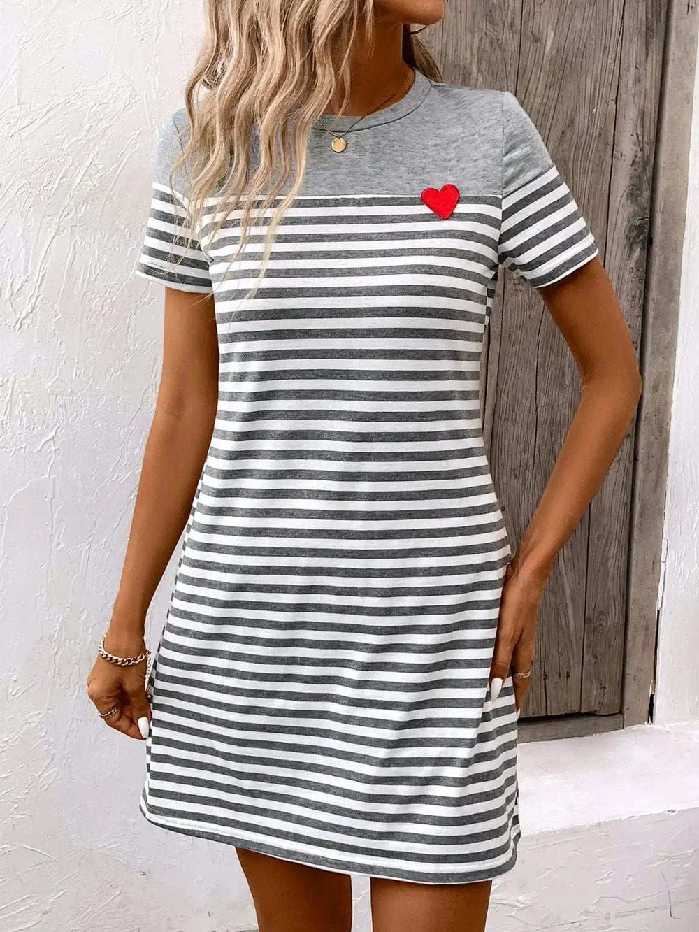 Striped Round Neck Short Sleeve Mini Dress - Trendsi - Flyclothing LLC