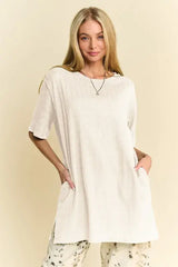 Davi & Dani Short Sleeve Side Slit T-Shirt with Pockets - Trendsi - Flyclothing LLC